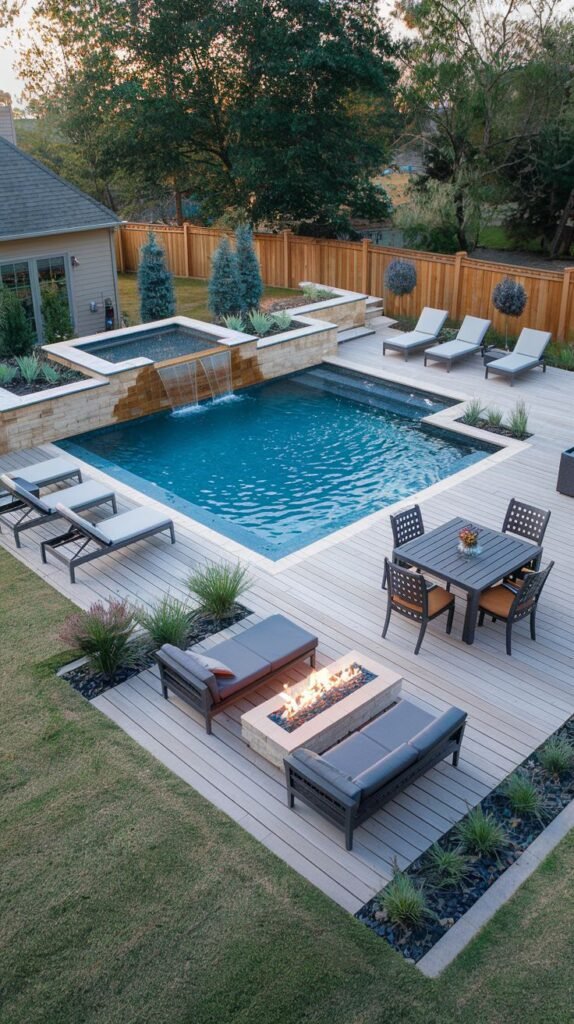A beautiful and modern deck with a pool, a waterfall feature, a dining area, and a seating area with a fire pit.