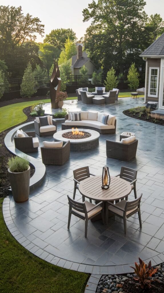 A beautiful and modern circular patio featuring a fire pit surrounded by curved seating, with a dining area nearby.