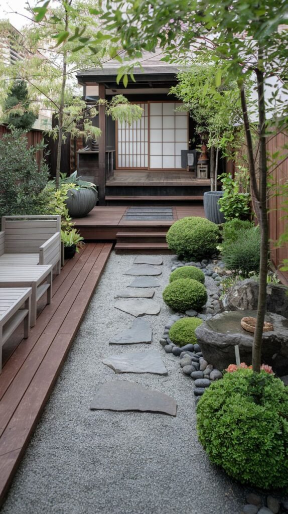 A beautiful modern Japanese garden with a gravel path, stepping stones, a wooden deck, and meticulously shaped plants.