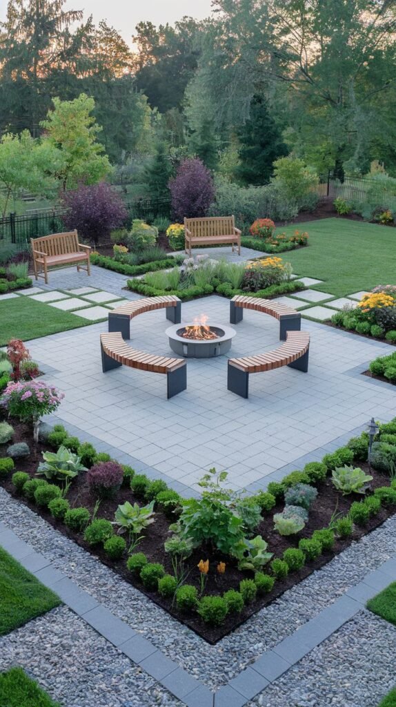A beautiful and modern square patio with a circular fire pit and curved benches, surrounded by structured garden beds.