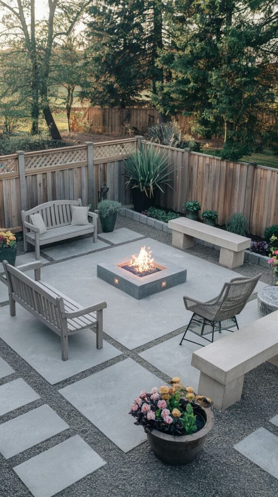 A beautiful and modern patio with large square pavers set in gravel, featuring a square fire pit and various seating options.
