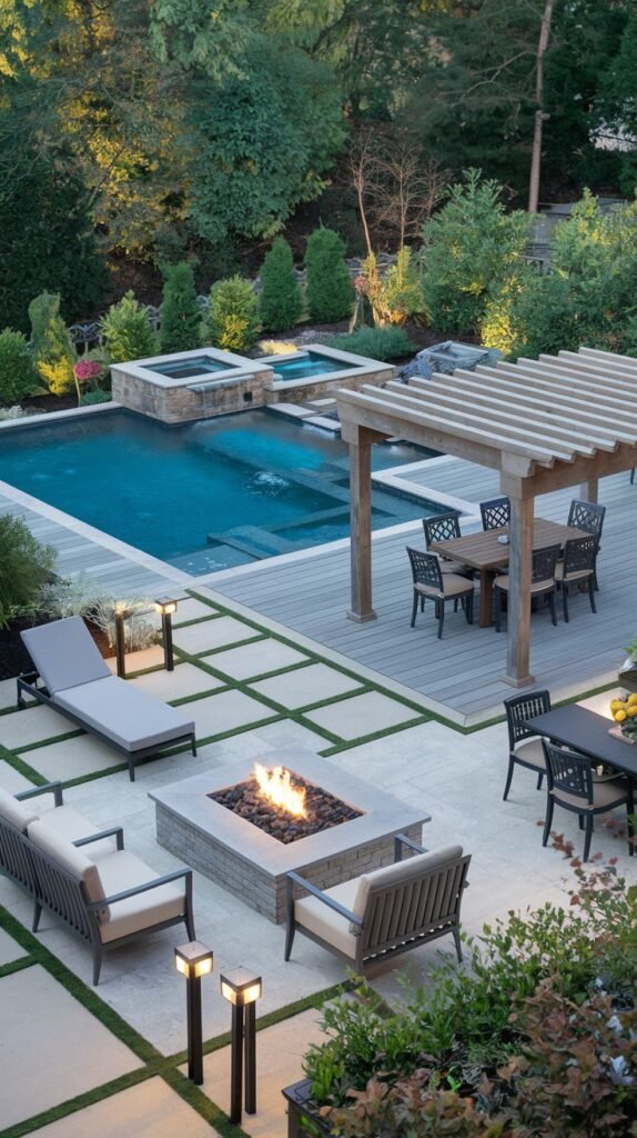 A beautiful and modern patio area including a pool, hot tub, dining area under a pergola, and a fire pit with seating.