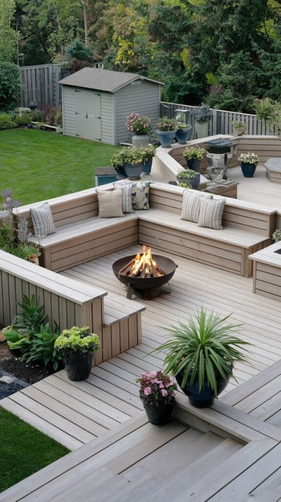 A beautiful multi-level wooden deck with modern built-in seating surrounding a fire pit.