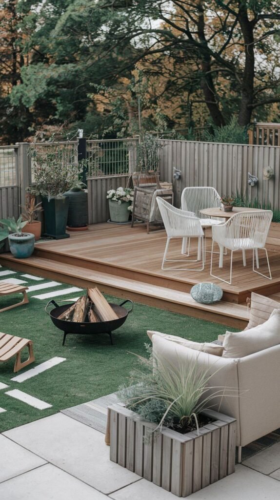 A beautiful and modern backyard deck with a fire pit on the lawn and a dining table with white chairs on the deck.
