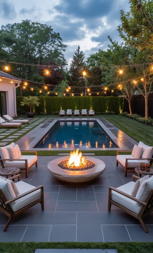 A beautiful and modern backyard patio featuring a pool, a circular fire pit with seating, and overhead string lights.