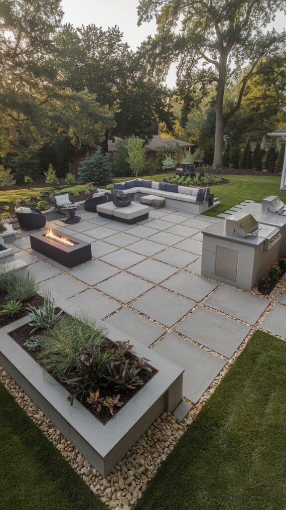 A beautiful and modern large patio with a grid design, including a built-in grill, a seating area with a fire pit, and a planter box.