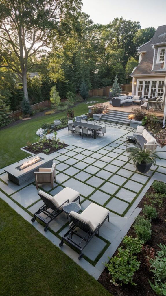 A beautiful and modern extensive patio with a grid pattern, furnished with lounge chairs, a dining set, and a seating area around a fire pit, with a pool in the background.