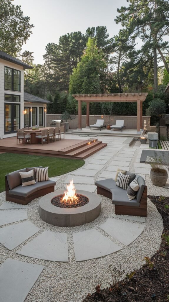 A beautiful and modern patio space with a circular fire pit and curved seating, a pool area with lounge chairs, and a wooden deck with a dining table under a pergola.