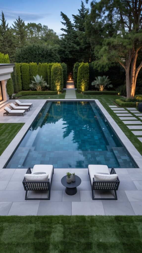 A beautiful and modern rectangular pool surrounded by a patio with lounge chairs and stepping stones set in the grass.