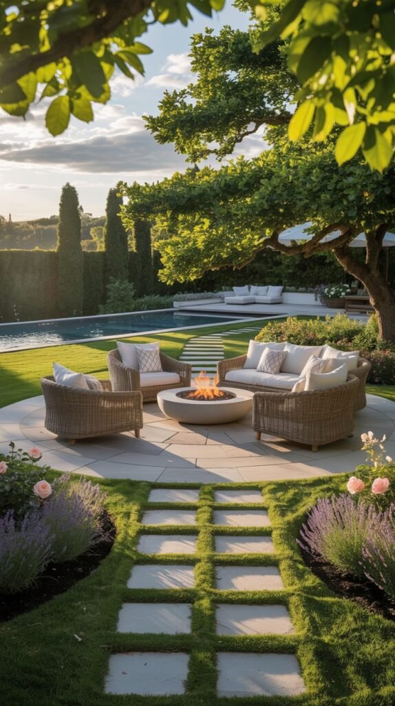 A beautiful and modern circular patio area with a fire pit and seating, surrounded by lush landscaping and a pool in the distance.