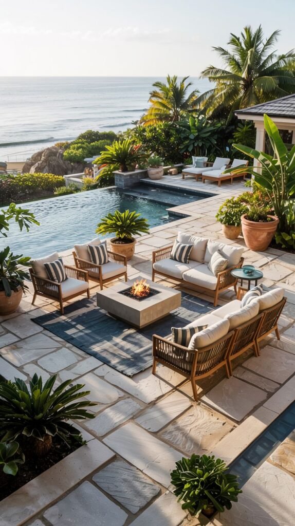A beautiful and modern patio overlooking the ocean, featuring a pool and a fire pit with seating.