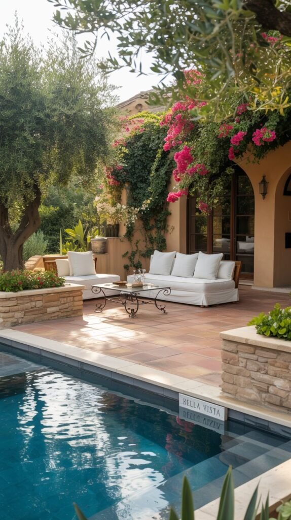 A beautiful and modern patio area next to a pool, with a covered seating area and flowering vines.