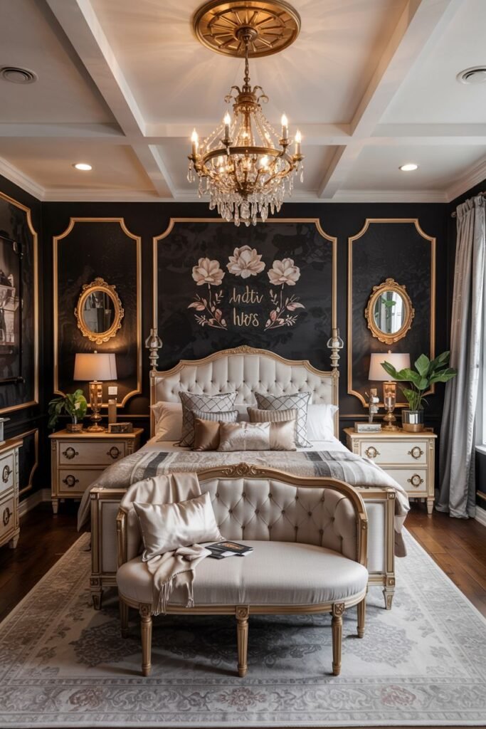 A classic bedroom featuring dark walls with gold molding and floral wall art. The white tufted bed has a gold frame and is dressed in neutral and gold bedding. Oval mirrors in gold frames hang above nightstands. A crystal chandelier hangs from a decorative ceiling medallion.