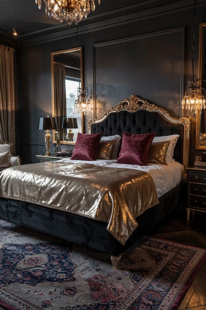 A striking black bedroom with a tufted headboard bed featuring a gold frame. The bed is covered with a shimmering gold throw and red pillows. Dark walls are framed by gold molding and feature mirrors. A crystal chandelier hangs from the ceiling.