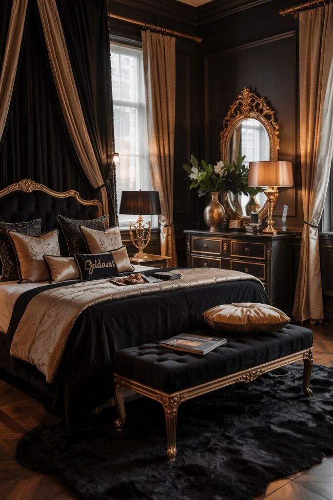 A luxurious black bedroom with a canopy bed draped in black and gold fabric. The bed is dressed in black and gold bedding, including a pillow with the word "Gilded". A black fur rug is placed over a patterned rug on the dark wood floor. A dresser with a gold framed mirror is to the right.