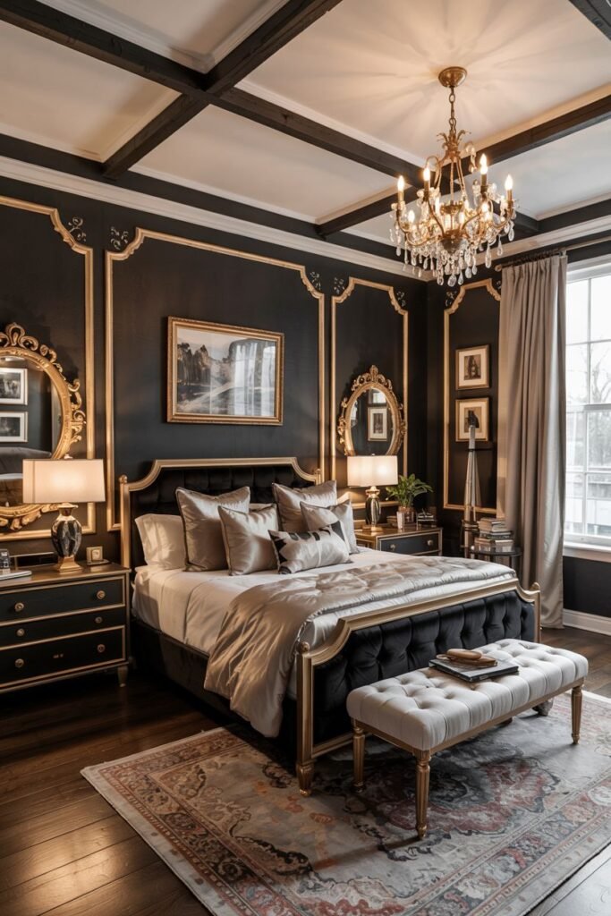 An elegant bedroom with dark walls and gold molding. The black bed has a tufted headboard and a gold frame, dressed in neutral and gold bedding. A neutral tufted bench with gold legs sits at the foot of the bed. A crystal chandelier hangs from a white coffered ceiling.