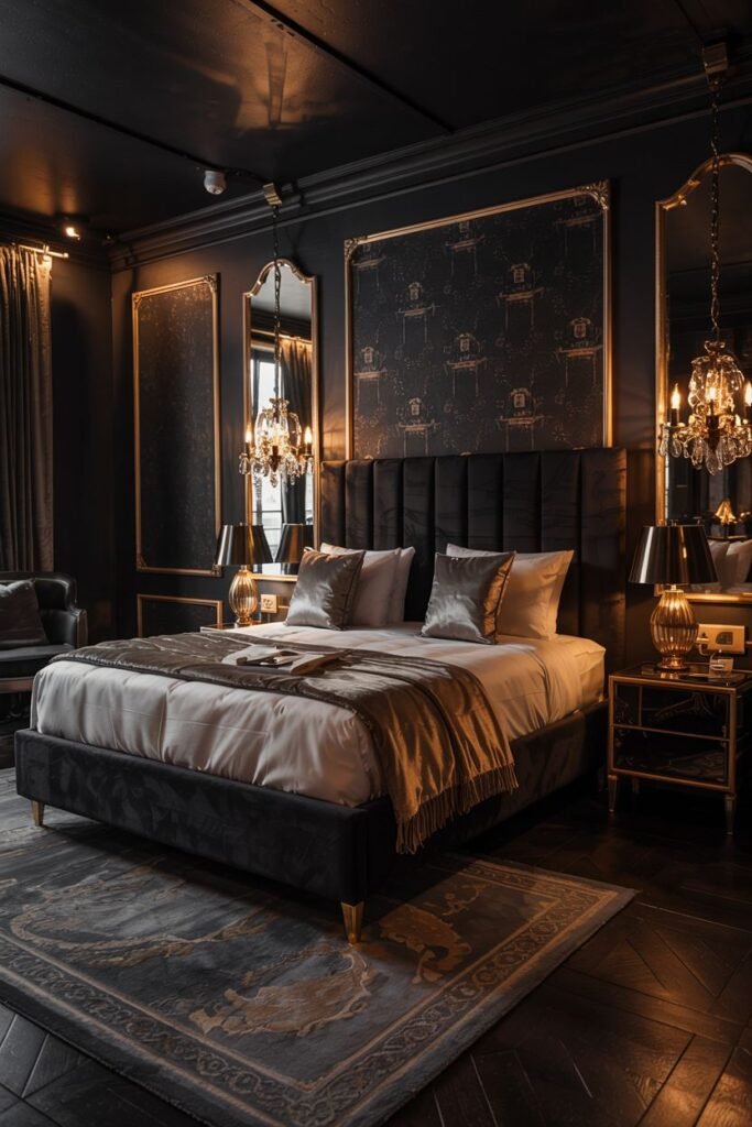 A dramatic black bedroom with dark walls featuring mirrored panels and gold accents. The bed has a tall, vertical tufted headboard and is dressed in grey and gold bedding. Table lamps with decorative shades sit on dark nightstands. A patterned rug is on the dark wood floor.