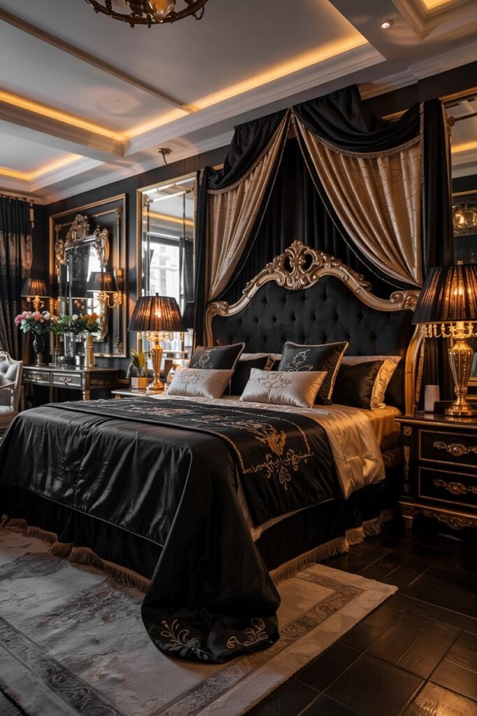 A grand black bedroom featuring a canopy bed draped in black and gold fabric. The bed has a decorative gold frame and is dressed in black and gold embroidered bedding. Dark walls are framed by gold molding and feature mirrors. A chandelier hangs from a decorated ceiling.