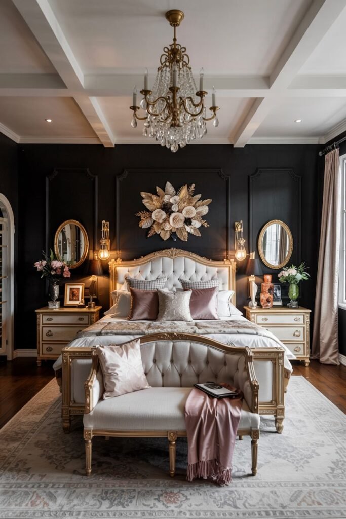 A bright and elegant bedroom with dark walls and gold molding. The white tufted bed has a gold frame and is dressed in white, pink, and gold bedding. A large ornate floral decoration hangs above the bed. A neutral tufted bench with gold legs sits at the foot of the bed. A crystal chandelier hangs from a white coffered ceiling.