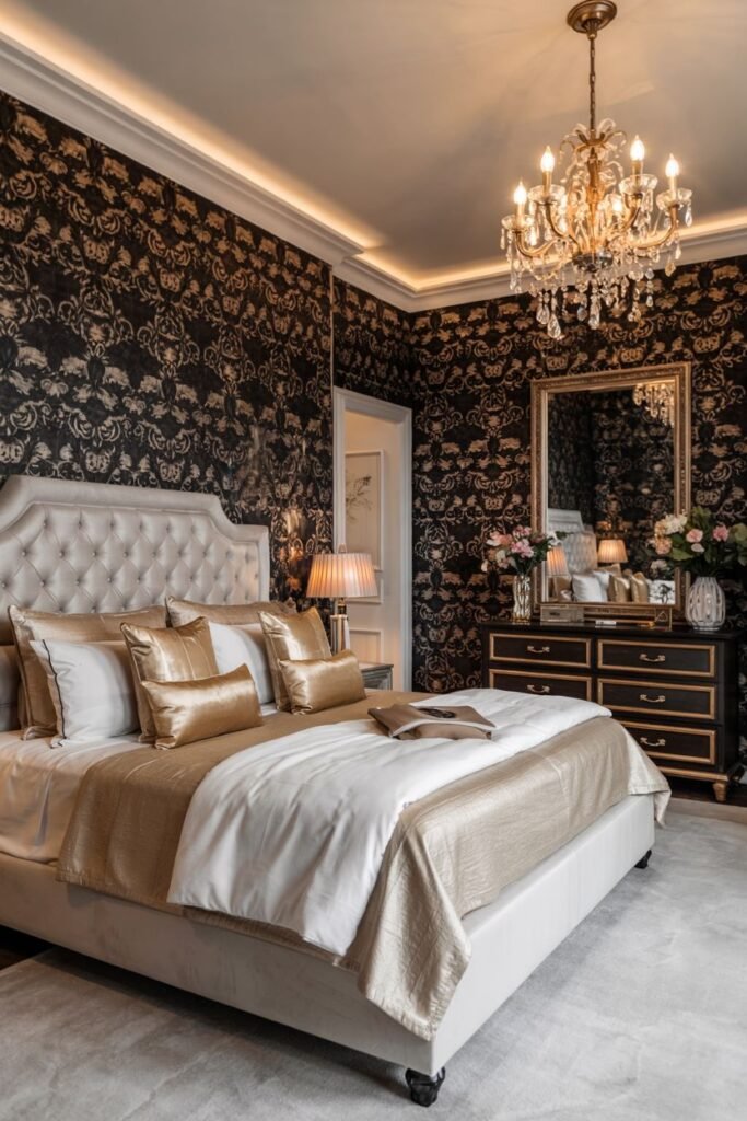 A luxurious bedroom with dark walls covered in a black and gold patterned wallpaper. The white bed is dressed in white and gold bedding. A large dark dresser with a mirror is visible. A crystal chandelier hangs from the ceiling.