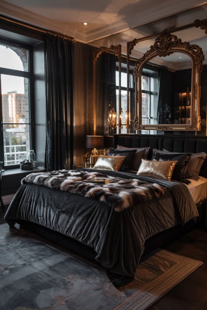 A sophisticated black bedroom with large windows and dark curtains. The bed is dressed in dark bedding with gold pillows and a faux fur throw. Large decorative gold framed mirrors hang on the walls. Table lamps with decorative shades sit on nightstands.
