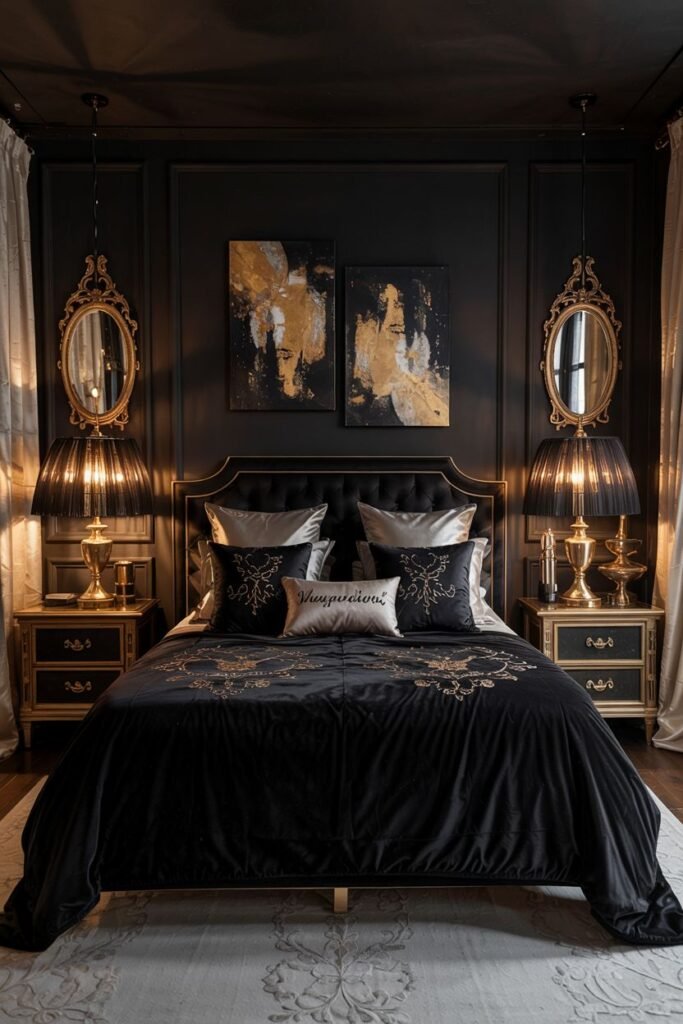A symmetrical black bedroom with dark walls framed by gold molding. Two ornate gold framed oval mirrors hang above nightstands with decorative lamps. The bed is dressed in black and gold embroidered bedding, with a pillow reading "Mysterious". Abstract artwork with gold accents hangs above the bed.