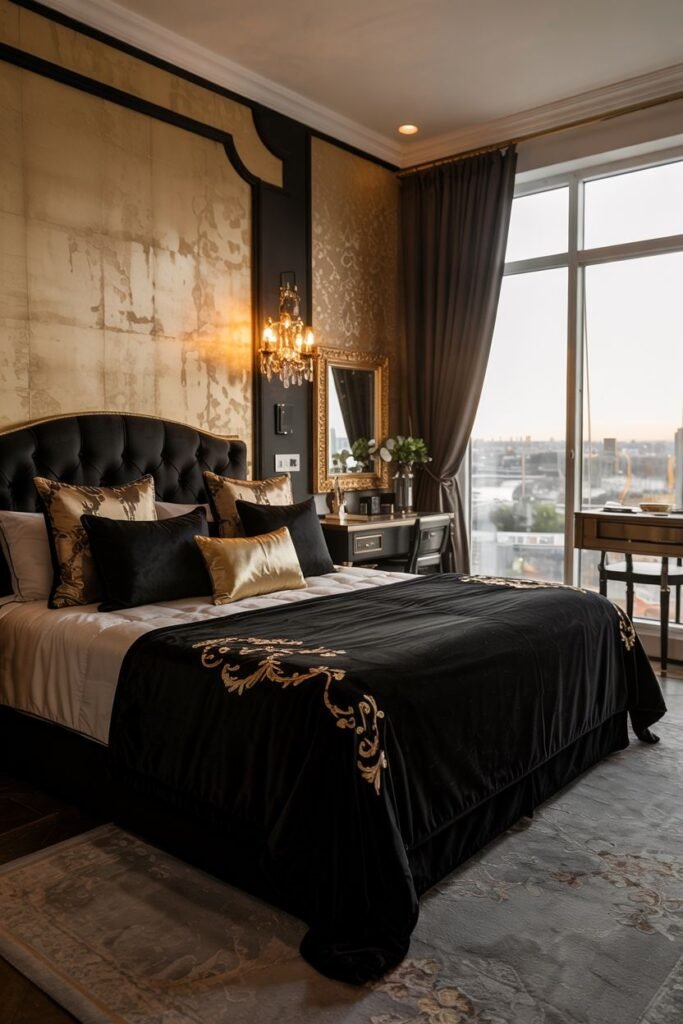 A stylish black bedroom with a large window offering a view. The wall behind the bed features a large gold textured panel. The bed has a tufted headboard and is dressed in black and gold bedding. A small chandelier hangs next to a dresser.