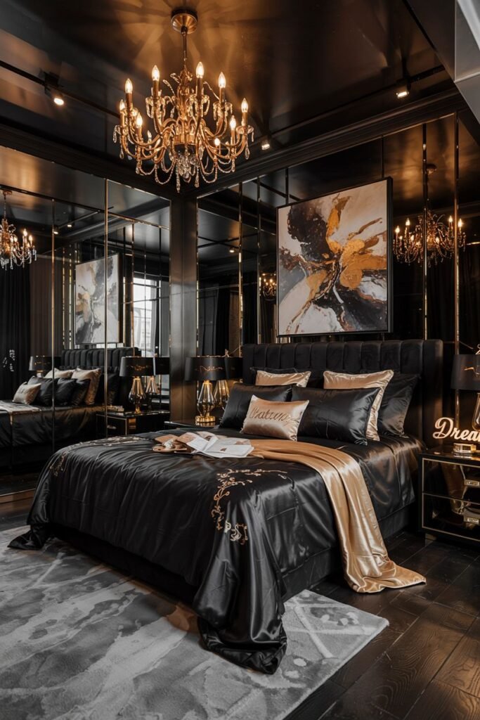 A modern black bedroom with mirrored walls reflecting a crystal chandelier and the room's dark and gold elements. The bed is dressed in black and gold satin bedding. A large abstract artwork with gold accents hangs above the bed. A bench with a book rests on the bed.