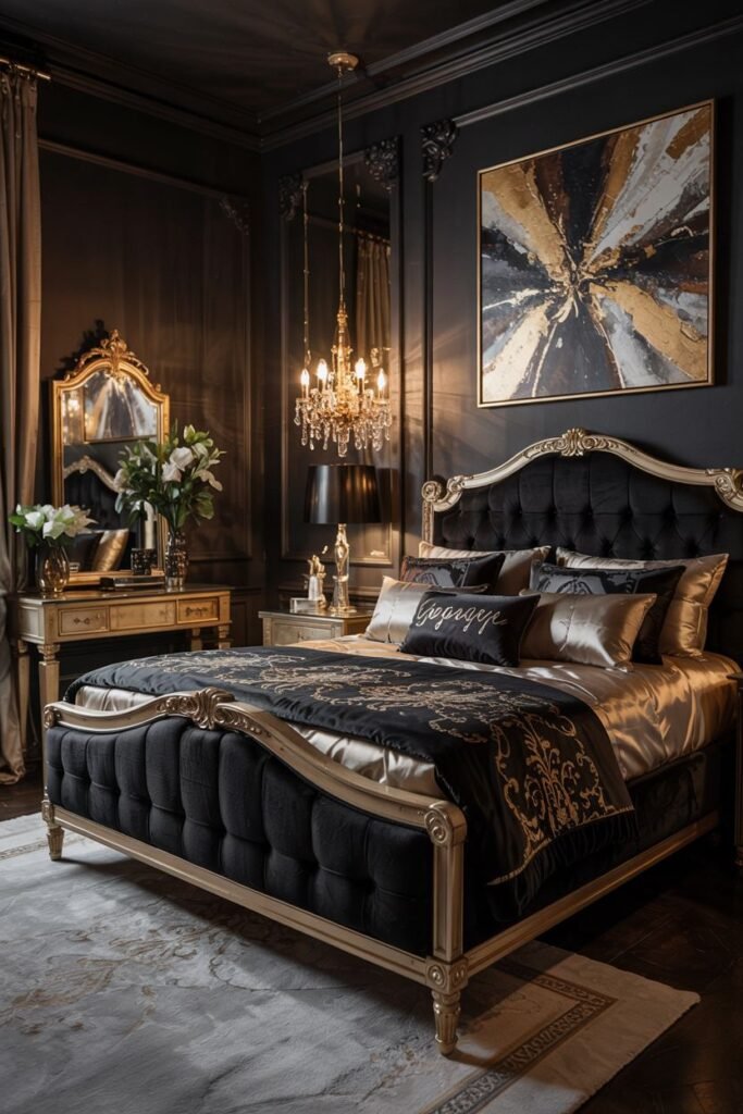 A luxurious black bedroom features a large tufted bed with a gold frame and trim, set against a dark wall with decorative molding and a large artwork featuring gold accents. A gold dresser with a mirror and flowers is to the left, and a gold chandelier hangs overhead. The room has dark floors and a patterned rug.