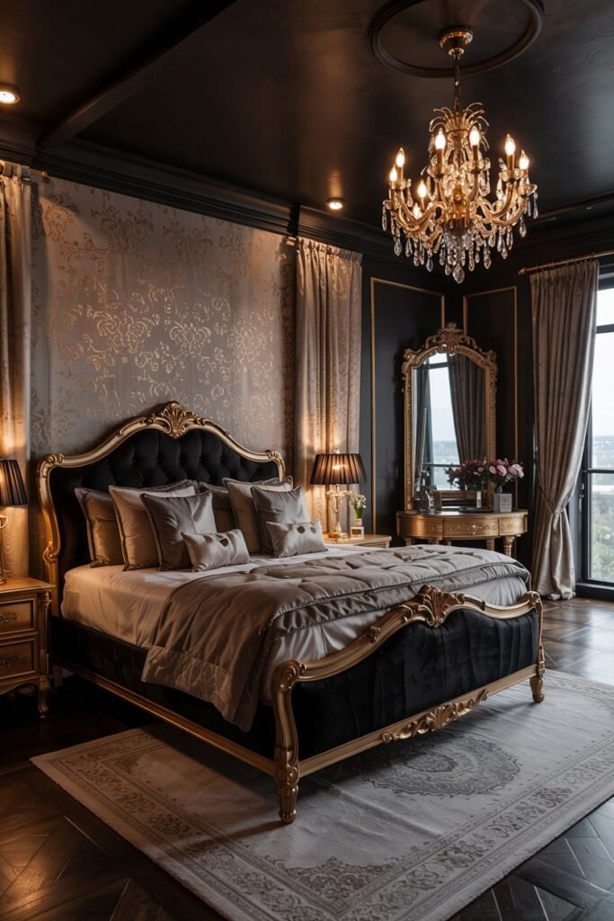 A opulent black bedroom with a high tufted headboard bed featuring a gold frame. The room has textured wallpaper with a gold pattern, dark walls with molding, and a large window with gold curtains. A gold framed mirror is above a dresser, and a gold chandelier hangs from a decorative ceiling medallion.