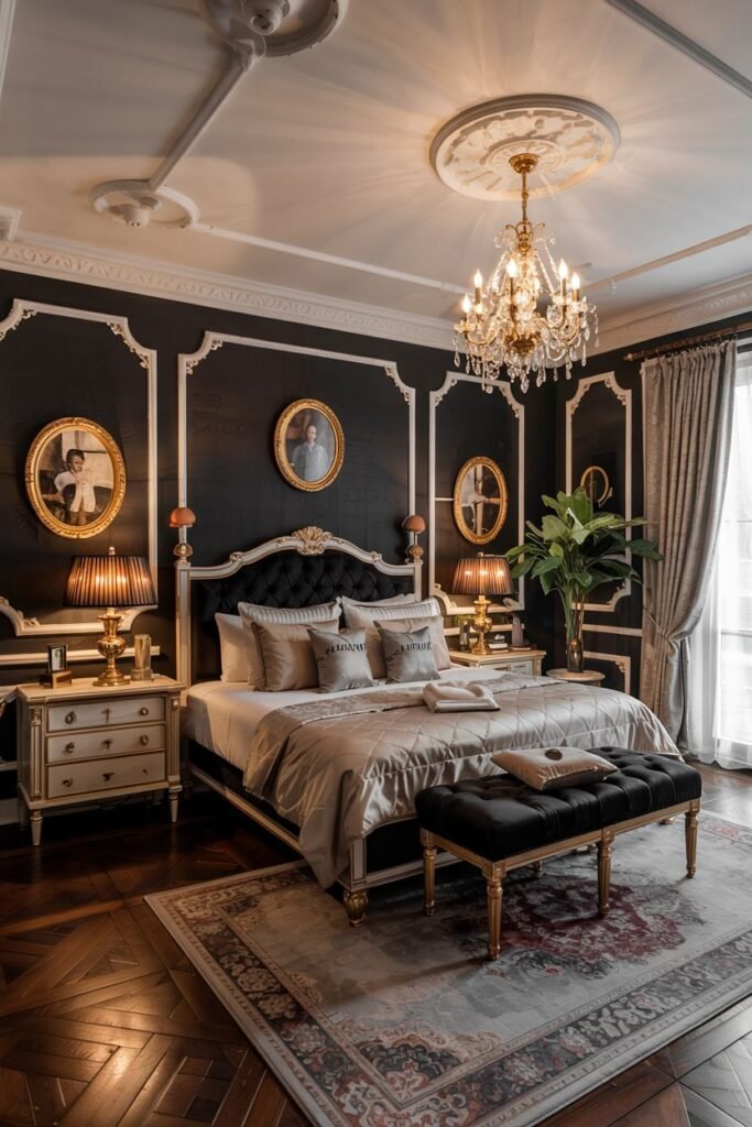 A stylish black bedroom with dark walls framed by gold molding. The bed is tufted with a gold frame. The room features framed circular artwork, nightstands with decorative lamps, and a black tufted bench with gold legs at the foot of the bed. A crystal chandelier hangs from a ceiling medallion.