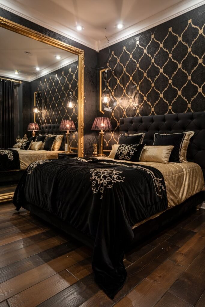 A striking black bedroom with a large bed placed against a wall featuring a bold black and gold geometric pattern. A large mirror with a gold frame reflects the room. The bed is dressed in black and gold bedding, and table lamps with decorative shades sit on nightstands. The floor is dark wood.