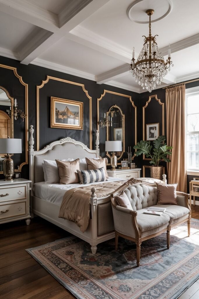 A elegant bedroom with a light-colored four-poster bed featuring gold accents. The walls are dark with gold molding, creating a black and gold aesthetic. A gold chandelier hangs from a white coffered ceiling. The room has a seating area with a tufted sofa and a patterned rug on a dark wood floor.