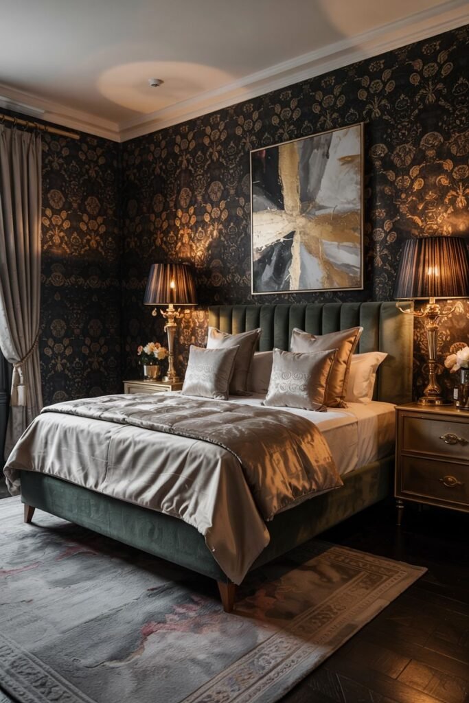 A dark and luxurious bedroom featuring a black tufted headboard and a bed dressed in shimmering gold bedding. The walls are covered in a dark wallpaper with a gold floral pattern. A large artwork with gold accents hangs above the bed. Dark lamps sit on nightstands.