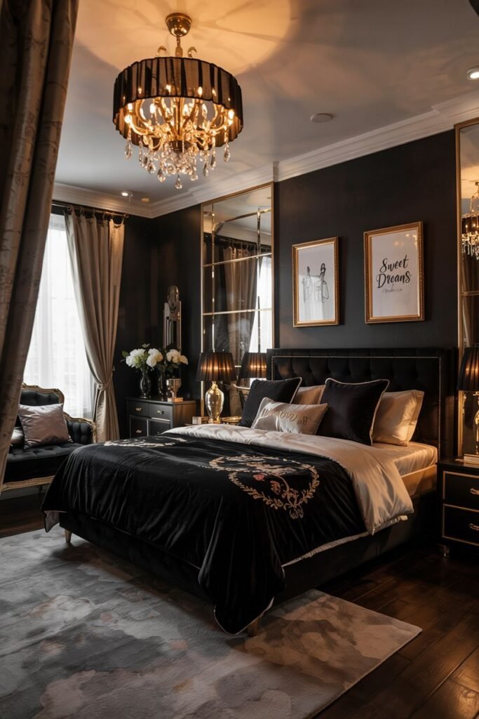 A sophisticated black bedroom with mirrored panels reflecting a crystal chandelier and the room's dark walls with gold trim. The bed is dressed in black and gold bedding. Artwork hangs on the wall. A black bench is at the foot of the bed, and a dark window seat is visible.