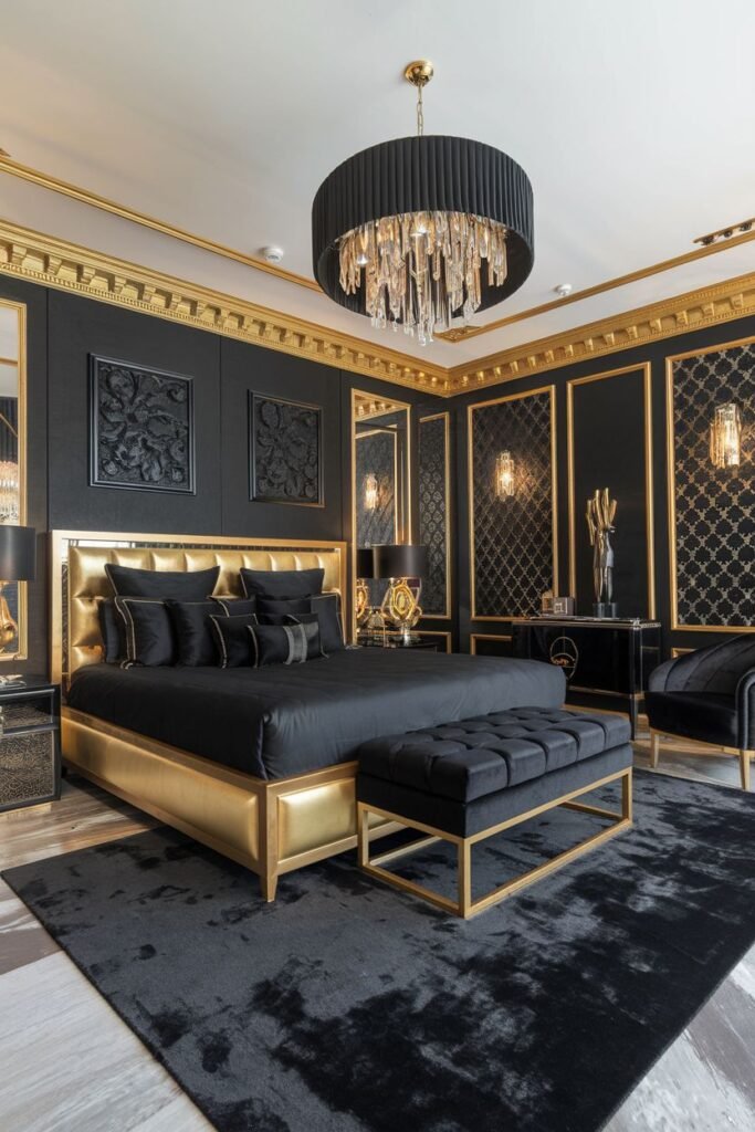 A bold black bedroom with dark walls and gold trim, featuring decorative wall panels. The bed has a gold frame and is dressed in black bedding. A black tufted bench with a gold frame sits on a black shag rug. A dramatic black drum shade chandelier with crystals hangs from the ceiling.