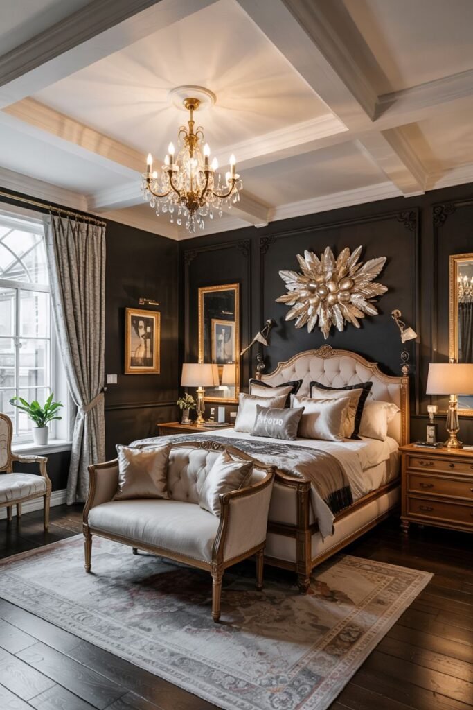 A chic bedroom with dark walls and gold molding and wall decor. The bed features a light-colored tufted headboard and is dressed in gold and neutral bedding. A bench sits at the foot of the bed. A gold chandelier hangs from a white coffered ceiling.