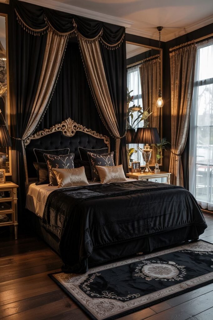 A dramatic black bedroom featuring a canopy bed draped in black and gold fabric. The bed frame has gold accents and a tufted headboard. The room has dark wood floors, a patterned rug, and gold curtains. A lamp sits on a bedside table.