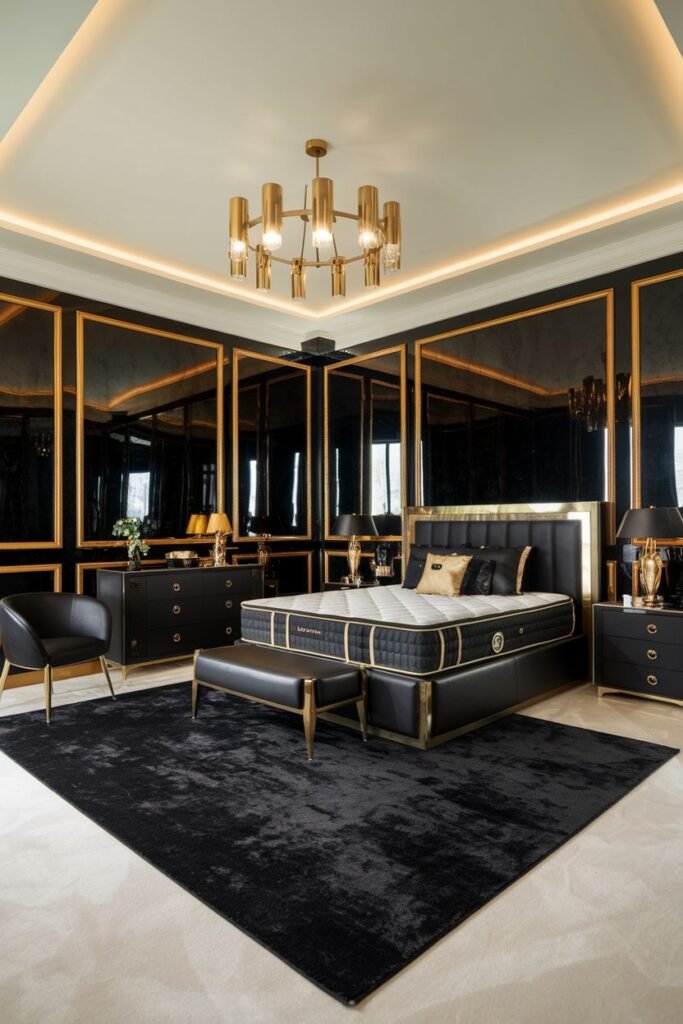 A contemporary black bedroom with high gloss black walls framed by gold molding. A bed with a black frame and a gold trim is centered, featuring a black and gold mattress. A large black rug covers a lighter floor. A modern gold chandelier hangs from the ceiling.