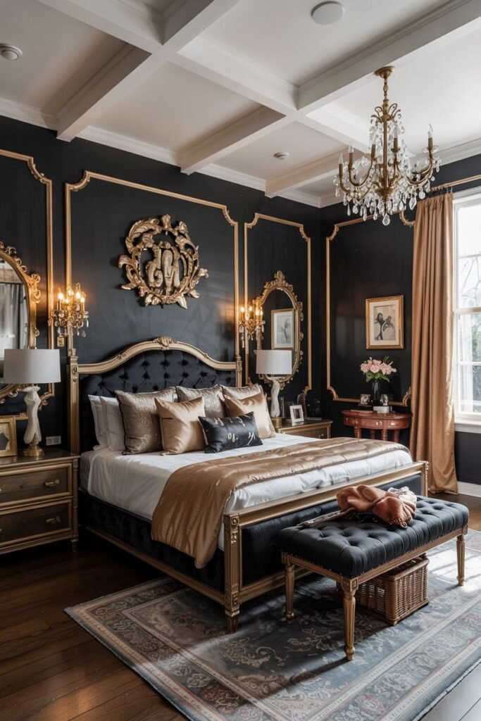 A luxurious bedroom with dark walls and gold molding, featuring a large ornate gold wall decoration above the bed. The black bed has a gold frame and is dressed in gold and black bedding. A black tufted bench with gold legs sits at the foot of the bed. A crystal chandelier hangs from a white coffered ceiling.