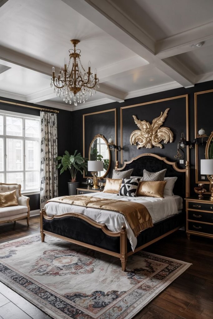 A grand bedroom with dark walls and gold molding, featuring a large ornate gold wing decoration above the bed. The black bed has a gold frame and is dressed in gold and black bedding. A patterned rug is on the dark wood floor. A crystal chandelier hangs from a white coffered ceiling.