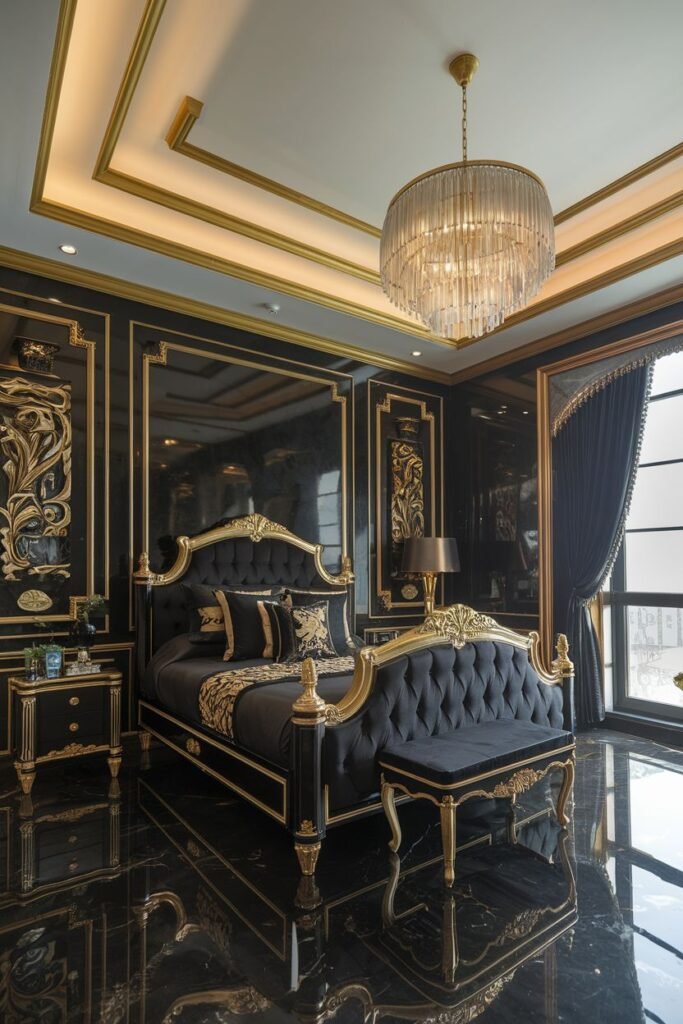 A highly polished and dramatic black bedroom with high gloss black walls framed by gold molding. The black bed has a gold frame and a tufted headboard, dressed in black and gold bedding. A black tufted bench with gold legs sits on a reflective black floor. A large crystal chandelier hangs from the ceiling.