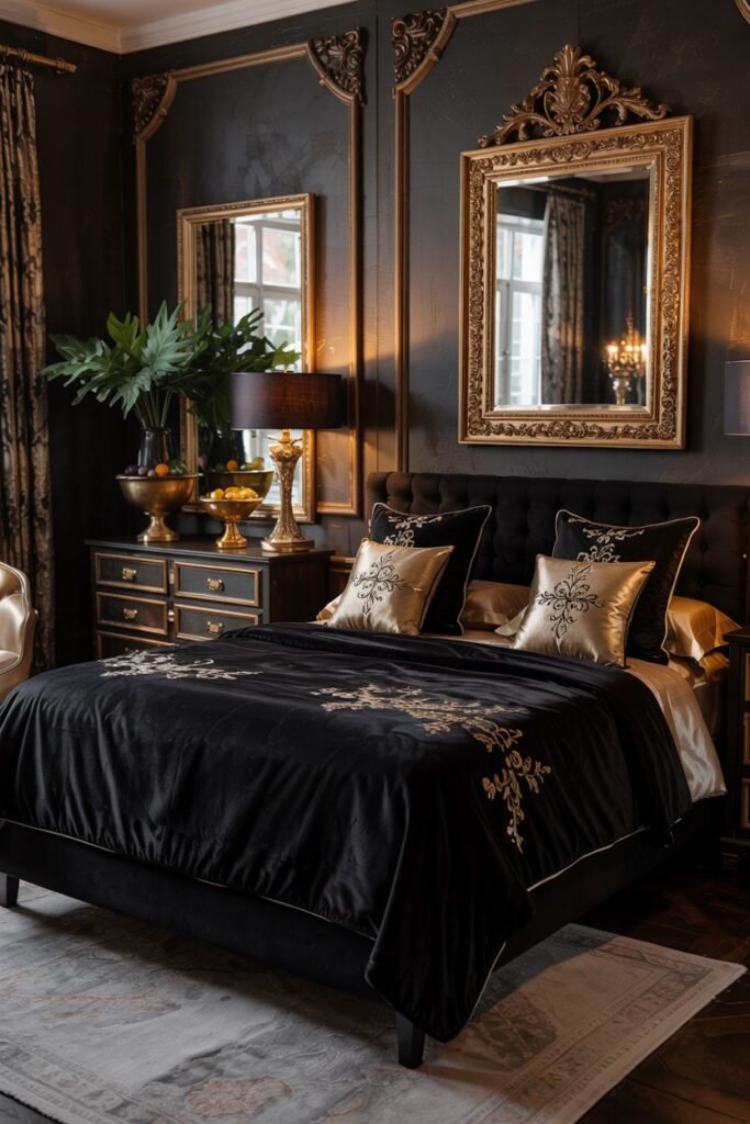 A classic black bedroom with dark walls framed by gold molding. The bed is dressed in elegant black and gold embroidered bedding. Mirrors with decorative gold frames hang on the walls. A chest of drawers with gold hardware is visible.