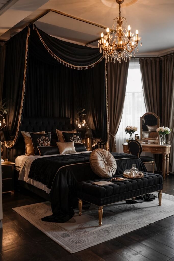 An opulent black bedroom with a canopy bed draped in black fabric with gold trim. The bed is dressed in black and gold bedding. A black tufted bench with gold legs sits at the foot of the bed. A large dressing table is to the right. A crystal chandelier hangs from the ceiling.