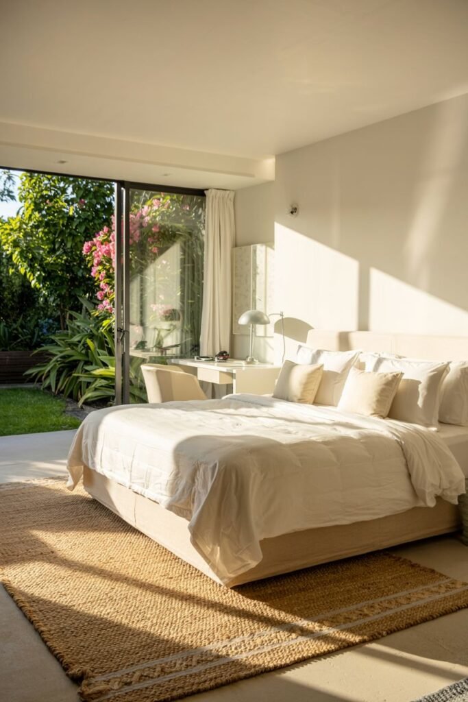 Sunny white bedroom positioned to maximize natural light and a garden view, featuring simple white bedding and a textured woven rug.