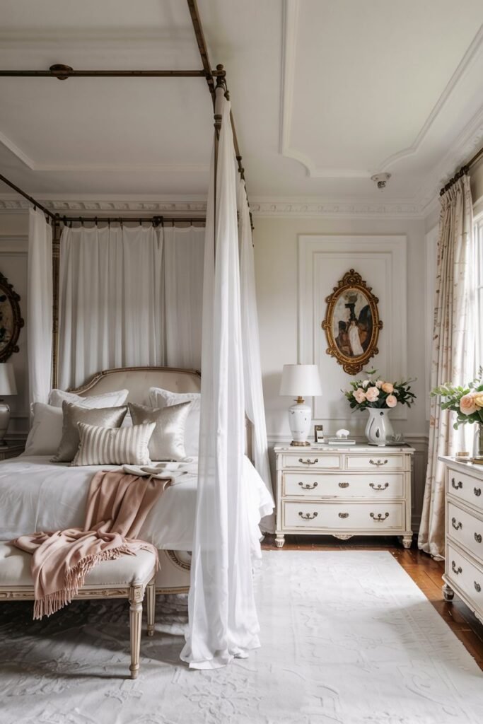 Elegant white bedroom featuring a four-poster bed with draped sheer fabric, traditional white dressers, framed art, and a simple bench.