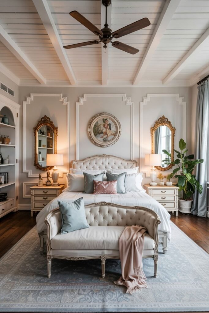 Chic white bedroom with vaulted ceiling, featuring a patterned rug, a tufted bed flanked by nightstands with mirrors, and a bench at the foot of the bed.