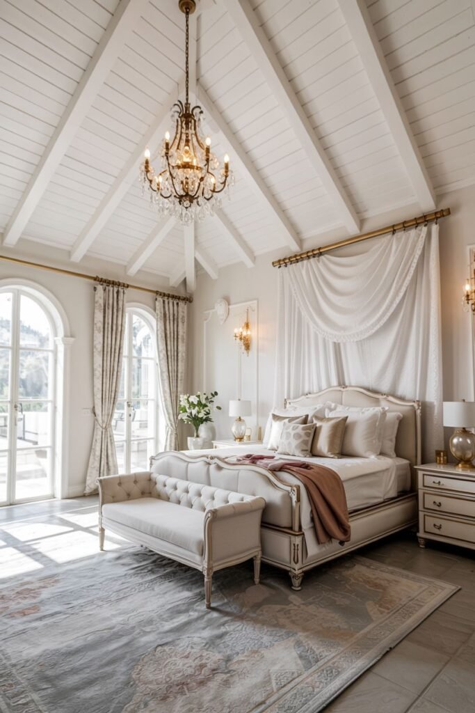 Grand and chic white bedroom with a vaulted ceiling and exposed beams, an elaborate gold chandelier, sheer white drapes, a tufted bed, and a long upholstered bench.