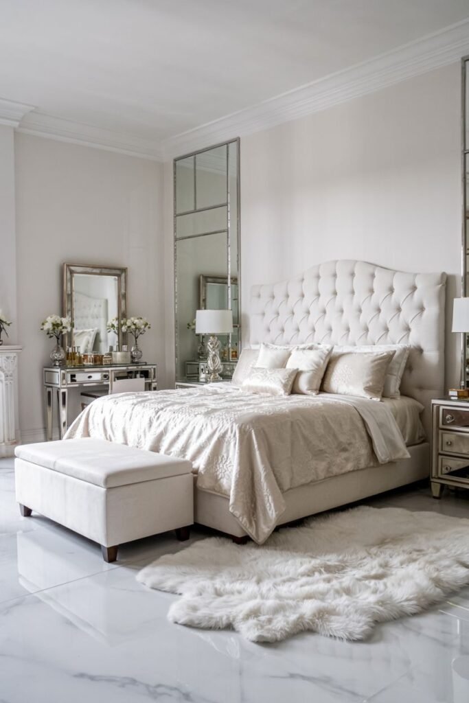 Opulent chic white bedroom anchored by a tall tufted white headboard, complemented by mirrored furniture, a white ottoman, and a soft white fluffy rug.