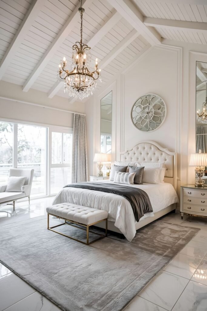Bright chic white bedroom with architectural details, featuring a vaulted ceiling, large mirrors, a tufted bed, a sleek bench with a gold base, and a traditional chandelier.